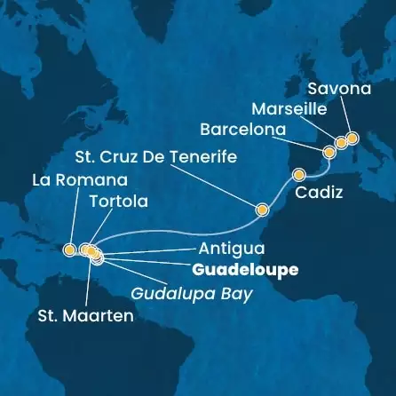 COSTA FASCINOSA - Itinerario di 17 notti partendo da GUADALUPA il 20/03/2025 - Antille, Isole Vergini, Repubblica Dominicana, Isole Canarie, Spagna, Francia, Italia