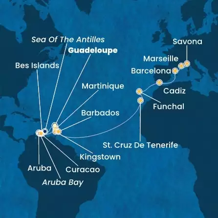 COSTA FORTUNA - Itinerario di 22 notti partendo da GUADALUPA il 07/03/2025 - Antille, Isole Canarie, Madera, Spagna, Francia, Italia