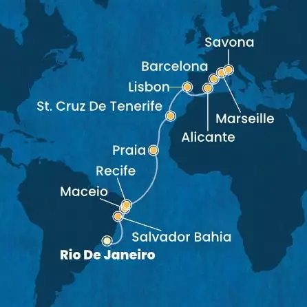 COSTA PACIFICA - Itinerario di 18 notti partendo da RIO DE JANEIRO il 27/03/2025 - Brasile, Isole Canarie, Portogallo, Spagna, Francia, Italia