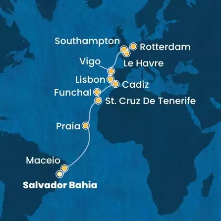 COSTA DIADEMA - Itinerario di 19 notti partendo da SALVADOR DA BAHIA il 23/04/2025 - Brasile, Isole Canarie, Madera, Spagna, Portogallo, Francia, Gran Bretagna, Olanda