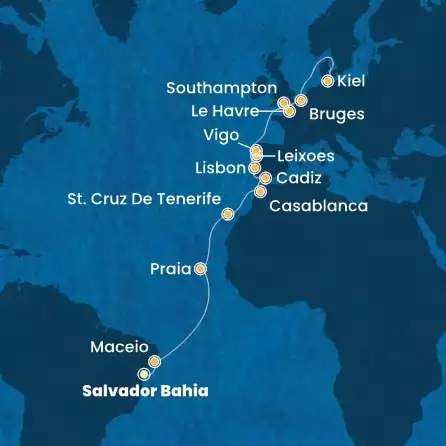 COSTA DIADEMA - Itinerario di 21 notti partendo da SALVADOR DA BAHIA il 23/04/2026 - Brasile, Isole Canarie, Marocco, Spagna, Portogallo, Francia, Gran Bretagna, Belgio, Germania