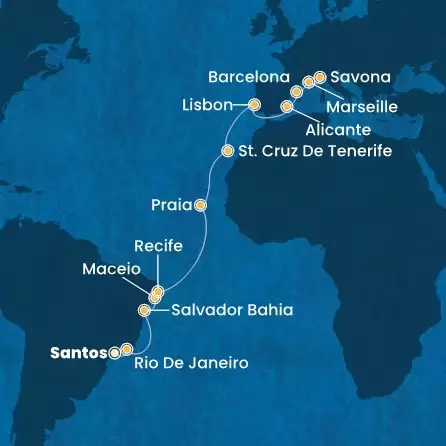 COSTA PACIFICA - Itinerario di 19 notti partendo da SANTOS il 26/03/2025 - Brasile, Isole Canarie, Portogallo, Spagna, Francia, Italia