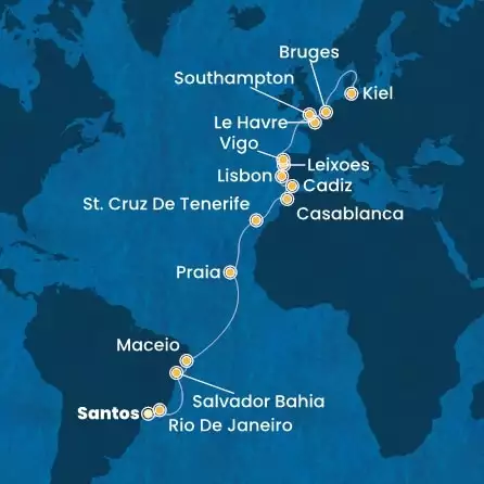 COSTA DIADEMA - Itinerario di 25 notti partendo da SANTOS il 19/04/2026 - Brasile, Isole Canarie, Marocco, Spagna, Portogallo, Francia, Gran Bretagna, Belgio, Germania