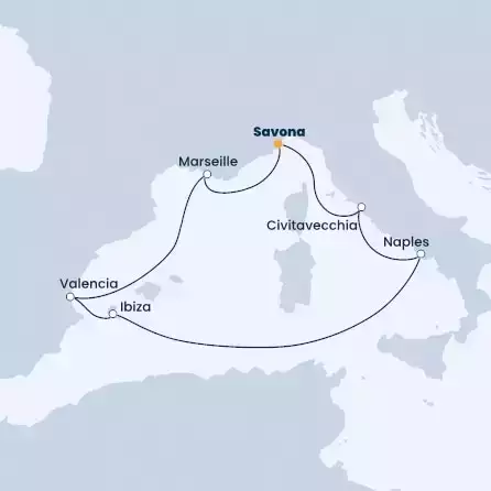 COSTA TOSCANA - Itinerario di 6 notti partendo da SAVONA il 07/08/2022 - Italia, Isole Baleari, Spagna, Francia