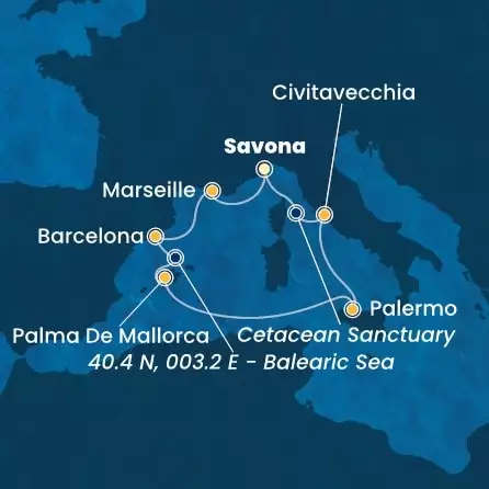 COSTA TOSCANA - Itinerario di 6 notti partendo da SAVONA il 30/11/2024 - Italia, Francia, Spagna, Isole Baleari
