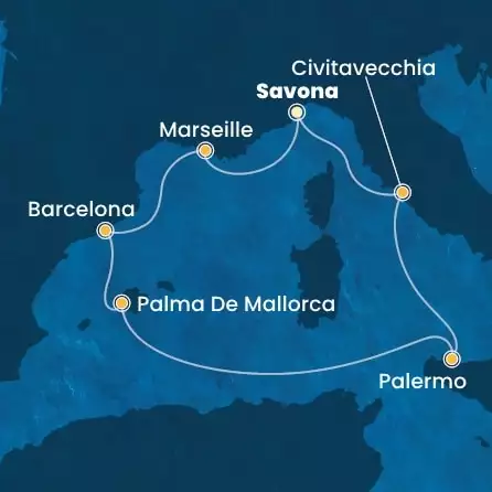 COSTA SMERALDA - Itinerario di 6 notti partendo da SAVONA il 19/04/2026 - Italia, Francia, Spagna, Isole Baleari