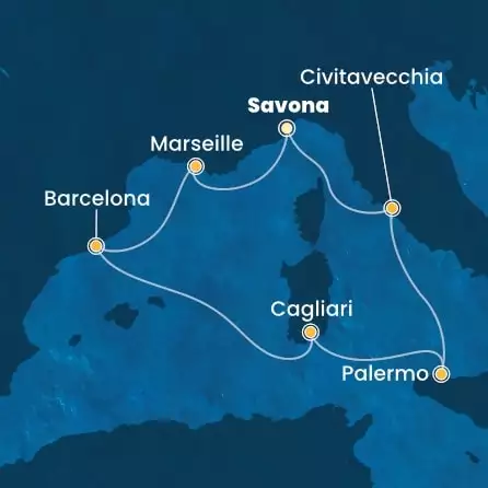 COSTA SMERALDA - Itinerario di 6 notti partendo da SAVONA il 10/10/2026 - Italia, Francia, Spagna