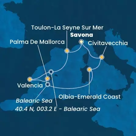 COSTA PACIFICA - Itinerario di 6 notti partendo da SAVONA il 24/05/2025 - Italia, Francia, Spagna, Isole Baleari