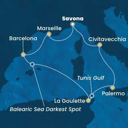 COSTA SMERALDA - Itinerario di 6 notti partendo da SAVONA il 24/01/2026 - Italia, Francia, Spagna, Tunisia