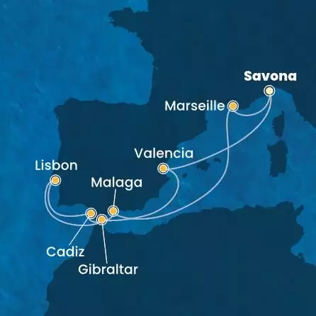 COSTA FAVOLOSA - Itinerario di 9 notti partendo da SAVONA il 21/10/2024 - Italia, Francia, Spagna, Portogallo, Gibilterra