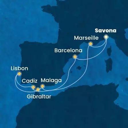 COSTA FASCINOSA - Itinerario di 9 notti partendo da SAVONA il 15/11/2026 - Italia, Spagna, Gibilterra, Portogallo, Francia