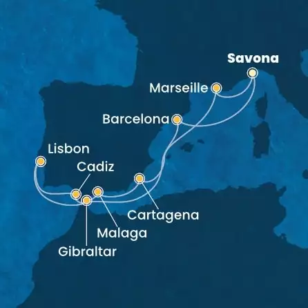 COSTA FAVOLOSA - Itinerario di 10 notti partendo da SAVONA il 23/04/2026 - Italia, Francia, Spagna, Gibilterra, Portogallo