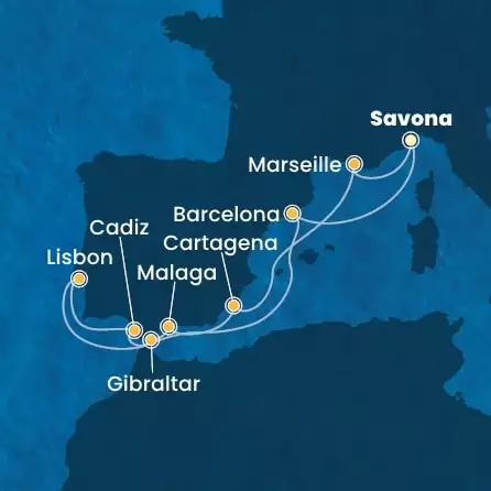 COSTA DIADEMA - Itinerario di 10 notti partendo da SAVONA il 27/09/2026 - Italia, Spagna, Portogallo, Gibilterra, Francia