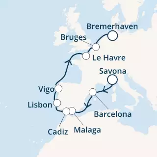 COSTA FAVOLOSA - Itinerario di 11 notti partendo da SAVONA il 17/04/2021 - Italia, Spagna, Portogallo, Francia, Belgio, Germania