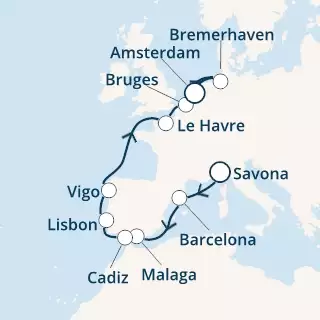 COSTA FAVOLOSA - Itinerario di 12 notti partendo da SAVONA il 17/04/2021 - Italia, Spagna, Portogallo, Francia, Belgio, Germania, Olanda