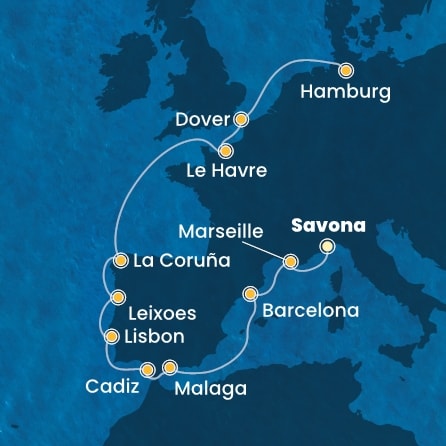 COSTA FAVOLOSA - Itinerario di 12 notti partendo da SAVONA il 04/05/2026 - Italia, Francia, Spagna, Portogallo, Gran Bretagna, Germania