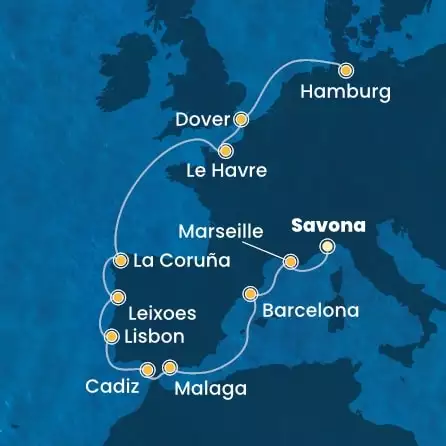 COSTA FAVOLOSA - Itinerario di 12 notti partendo da SAVONA il 04/05/2026 - Italia, Francia, Spagna, Portogallo, Gran Bretagna, Germania