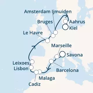 COSTA FASCINOSA - Itinerario di 13 notti partendo da SAVONA il 12/05/2021 - Italia, Francia, Spagna, Portogallo, Belgio, Danimarca, Germania