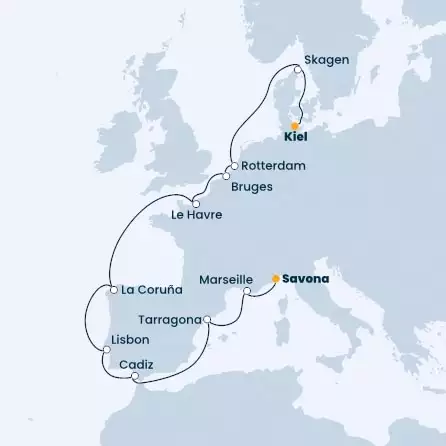 COSTA FIRENZE - Itinerario di 13 notti partendo da SAVONA il 05/05/2023 - Italia, Francia, Spagna, Portogallo, Belgio, Olanda, Germania