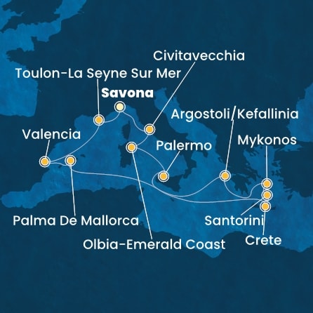 COSTA PACIFICA - Itinerario di 13 notti partendo da SAVONA il 21/06/2025 - Italia, Francia, Spagna, Isole Baleari, Grecia