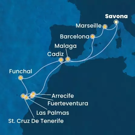 COSTA FORTUNA - Itinerario di 13 notti partendo da SAVONA il 18/10/2025 - Italia, Spagna, Isole Canarie, Madera, Francia