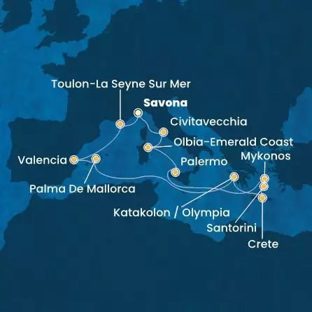 COSTA PACIFICA - Itinerario di 13 notti partendo da SAVONA il 30/08/2025 - Italia, Francia, Spagna, Isole Baleari, Grecia