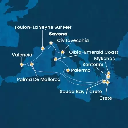 COSTA PACIFICA - Itinerario di 13 notti partendo da SAVONA il 21/06/2025 - Italia, Francia, Spagna, Isole Baleari, Grecia