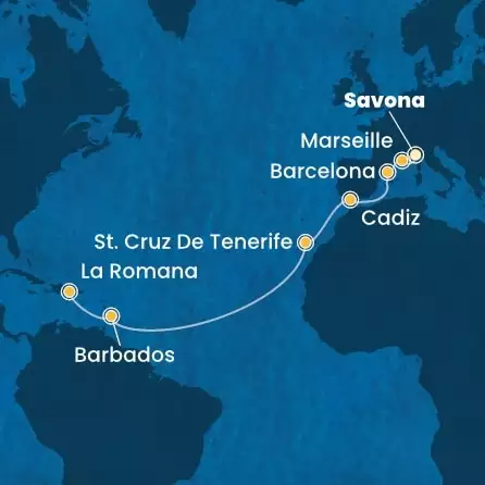 COSTA PACIFICA - Itinerario di 14 notti partendo da SAVONA il 06/12/2025 - Italia, Francia, Spagna, Isole Canarie, Antille, Repubblica Dominicana