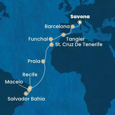 COSTA PACIFICA - Itinerario di 15 notti partendo da SAVONA il 03/11/2024 - Italia, Spagna, Marocco, Madera, Isole Canarie, Brasile