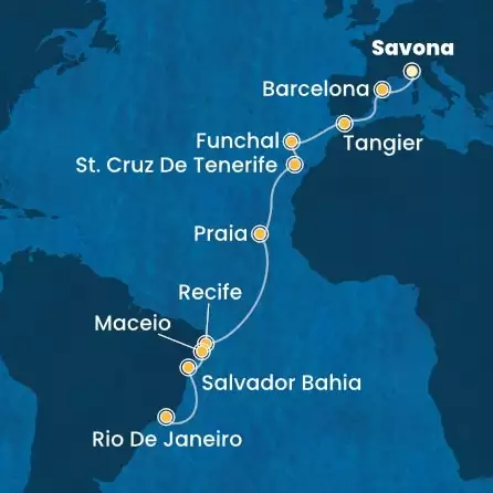 COSTA PACIFICA - Itinerario di 17 notti partendo da SAVONA il 03/11/2024 - Italia, Spagna, Marocco, Madera, Isole Canarie, Brasile