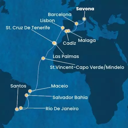 COSTA DIADEMA - Itinerario di 20 notti partendo da SAVONA il 02/11/2026 - Italia, Spagna, Portogallo, Isole Canarie, Capo Verde, Brasile
