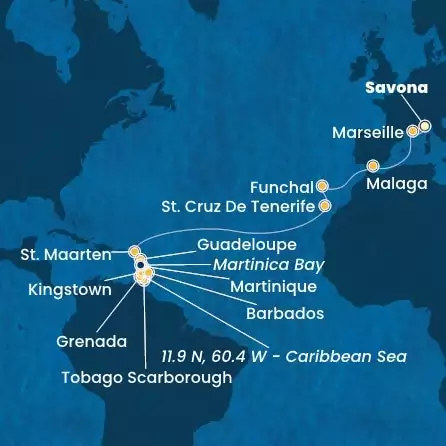 COSTA FORTUNA - Itinerario di 21 notti partendo da SAVONA il 21/11/2024 - Italia, Francia, Spagna, Madera, Isole Canarie, Antille, Trinidad e Tobago