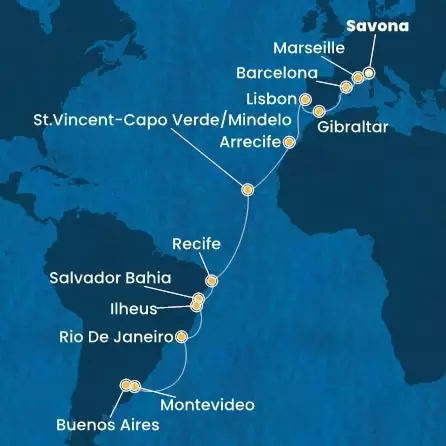 COSTA FAVOLOSA - Itinerario di 22 notti partendo da SAVONA il 13/11/2024 - Italia, Francia, Spagna, Gibilterra, Portogallo, Isole Canarie, Capo Verde, Brasile, Uruguay, Argentina