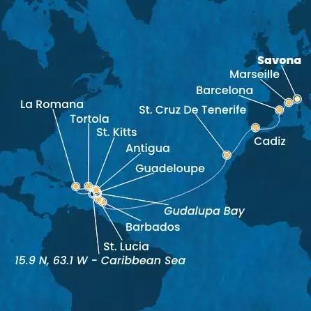 COSTA FASCINOSA - Itinerario di 23 notti partendo da SAVONA il 05/12/2024 - Italia, Francia, Spagna, Isole Canarie, Antille, Isole Vergini, Repubblica Dominicana