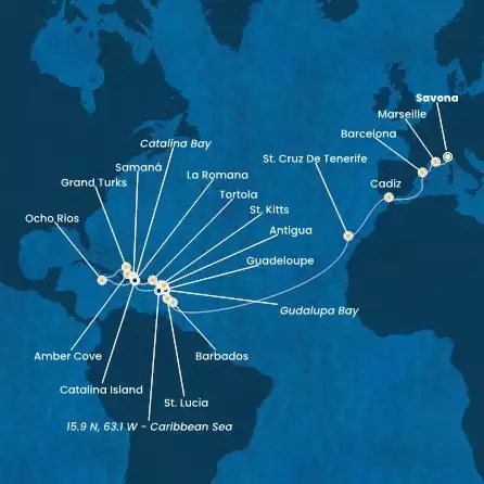 COSTA FASCINOSA - Itinerario di 30 notti partendo da SAVONA il 05/12/2024 - Italia, Francia, Spagna, Isole Canarie, Antille, Isole Vergini, Repubblica Dominicana, Giamaica, Isole Turks