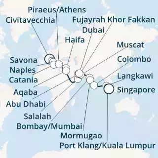 Italia, Grecia, Giordania, Oman, Emirati Arabi Uniti, India, Sri Lanka, Malesia, Singapore