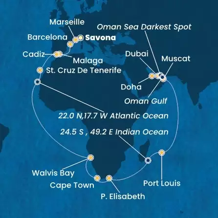COSTA SMERALDA - Itinerario di 41 notti partendo da SAVONA il 12/11/2026 - Italia, Francia, Spagna, Isole Canarie, Namibia, Sud Africa, Mauritius, Oman, Emirati Arabi Uniti