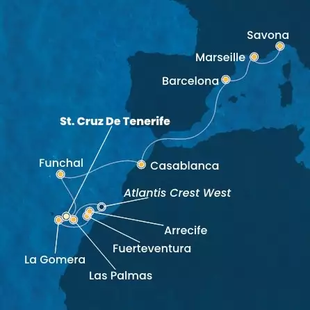COSTA FORTUNA - Itinerario di 11 notti partendo da ST. CRUZ DE TENERIFE il 06/04/2026 - Isole Canarie, Spagna, Madera, Marocco, Francia, Italia
