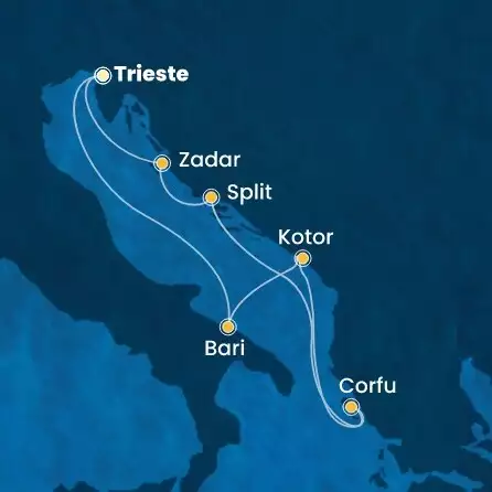 COSTA DELIZIOSA - Itinerario di 6 notti partendo da Trieste il 23/10/2027 - Italia, Montenegro, Grecia, Croazia