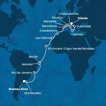 COSTA DELIZIOSA - Itinerario di 27 notti partendo da TRIESTE il 07/12/2024 - Italia, Croazia, Francia, Spagna, Marocco, Isole Canarie, Capo Verde, Brasile, Uruguay, Argentina