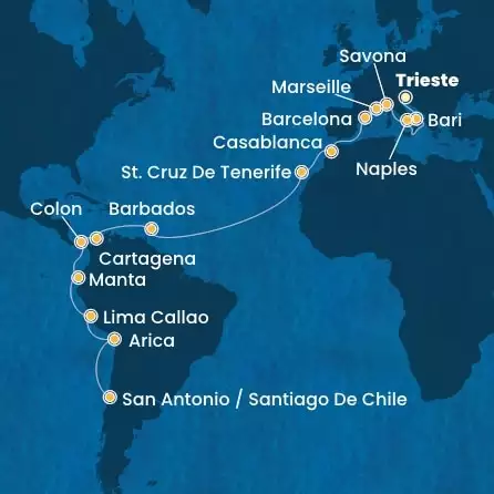 COSTA DELIZIOSA - Itinerario di 31 notti partendo da TRIESTE il 21/11/2025 - Italia, Francia, Spagna, Marocco, Isole Canarie, Antille, Costa Rica, Colombia, Panama