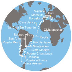 Italia, Francia, Spagna, Marocco, Isole Canarie, Brasile, Argentina, Uruguay, Cile