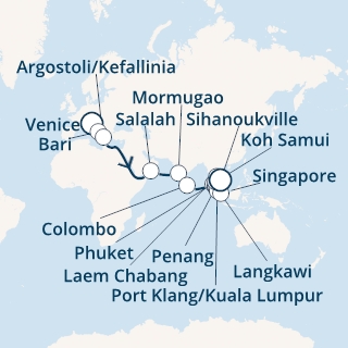Italia, Grecia, Oman, India, Sri Lanka, Thailandia, Malesia, Singapore, Cambogia
