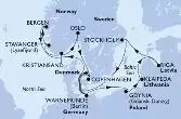 Warnemunde,Stavanger,Bergen,Kristiansand,Oslo,Copenhagen,Warnemunde,Gdynia,Klaipeda,Riga,Stockholm,Copenhagen,Warnemunde