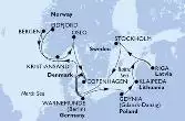 Warnemunde,Eidfjord,Bergen,Kristiansand,Oslo,Copenhagen,Warnemunde,Gdynia,Klaipeda,Riga,Stockholm,Copenhagen,Warnemunde