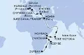Durban,Nosy Be,Zanzibar,Mombasa,Mombasa,Port Victoria,Aqaba,Suez Canal South,Suez Canal North,Rhodes,Civitavecchia,Genoa,Marseille