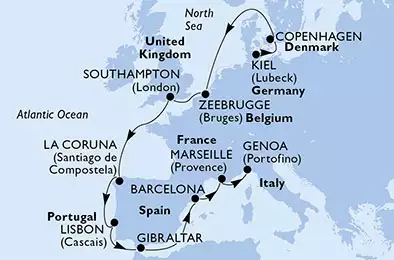 MSC PREZIOSA - Itinerario di 12 notti partendo da KIEL, GERMANY il 08/09/2018 - Germania, Danimarca, Belgio, Regno Unito, Spagna, Portogallo, Gibilterra, Francia, Italia