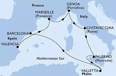 MSC MERAVIGLIA - Itinerario di 7 notti partendo da VALENCIA, SPAIN il 15/11/2018 - Spagna, Francia, Italia, Malta