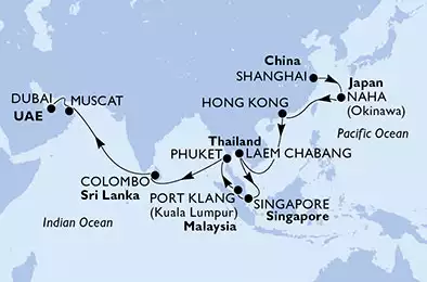 MSC SPLENDIDA - Itinerario di 27 notti partendo da SHANGHAI,  CINA il 11/11/2018 - Cina, Giappone, Hong Kong, Tailandia, Singapore, Malesia, Sri Lanka, Oman, Emirati Arabi Uniti