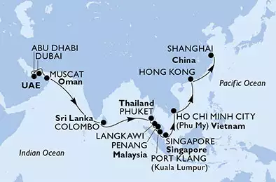 MSC SPLENDIDA - Itinerario di 24 notti partendo da DUBAI il 31/03/2018 - Emirati Arabi Uniti, Oman, Sri Lanka, Tailandia, Malesia, Singapore, Vietnam, Hong Kong, Cina